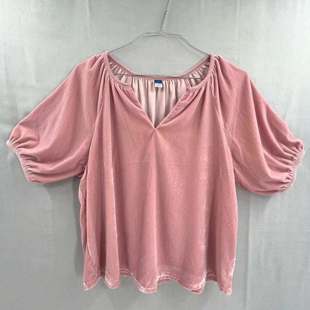 Old Navy Velvet Top M‎ Puff Sleeve Pink Split Neck Blouse Bridgerton